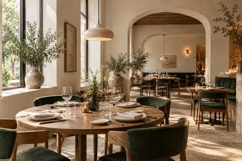 Wizualizacja sali fikcyjnej restauracji Stół 09, utworzona z AI